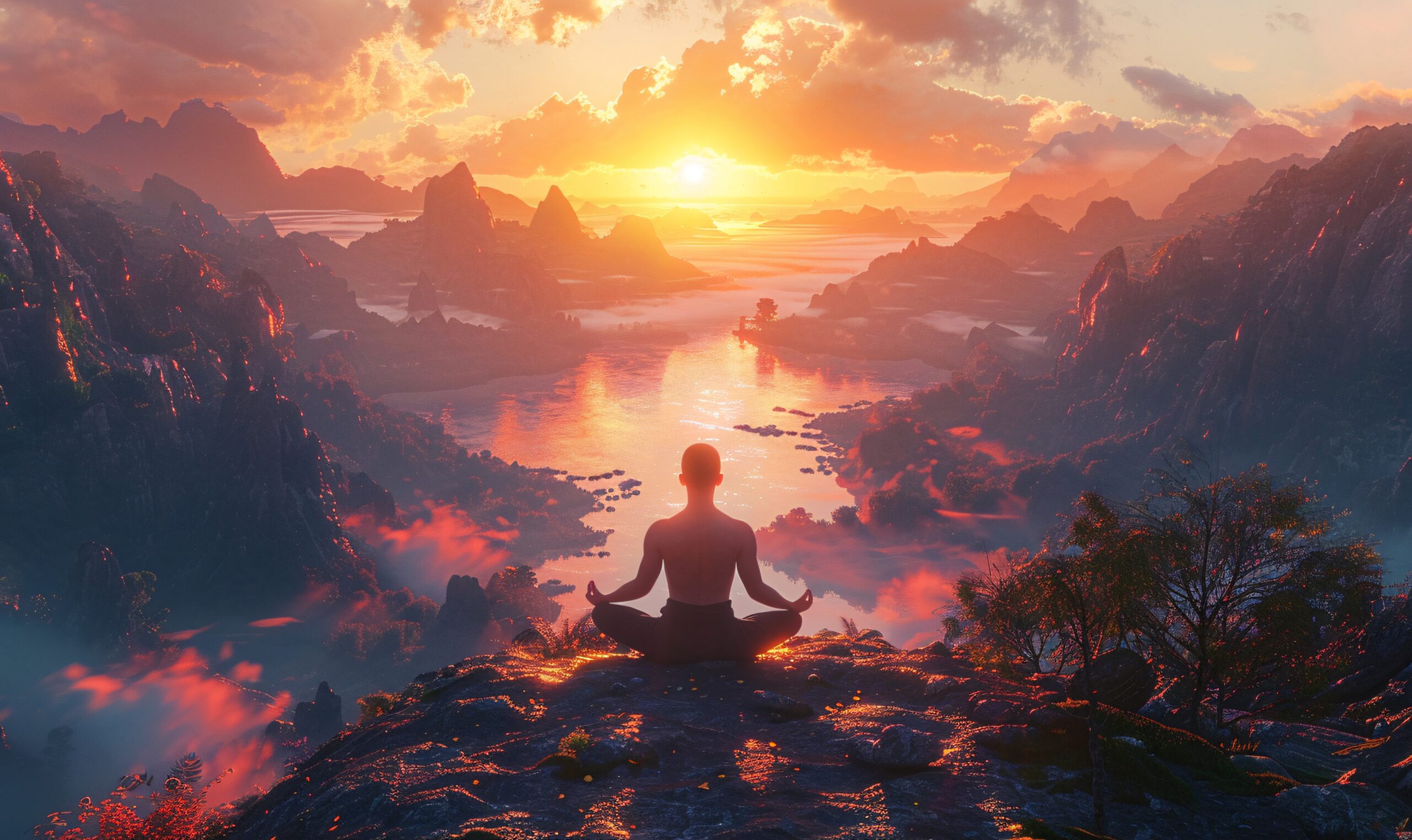 view man practicing mindfulness yoga fantasy setting